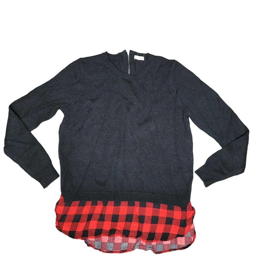 Chocolate USA Black Long-Sleeve Sweater With Red Buffalo Plaid Trim sz Medium